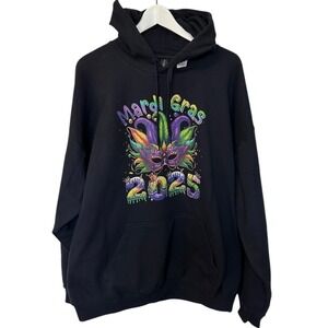 Mardi Gras 2025 Hoodie Mask Graphic Pullover‎ Sweatshirt Black
